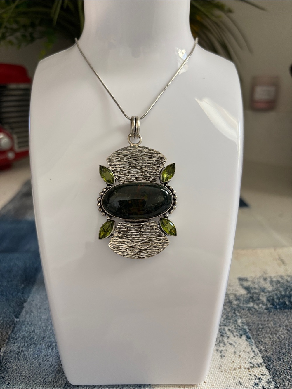 Sterling Silver Bloodstone Peridot Gemstone Pendant Necklace